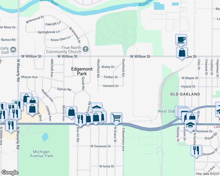 map of restaurants, bars, coffee shops, grocery stores, and more near 1009 Norwood Road in Lansing