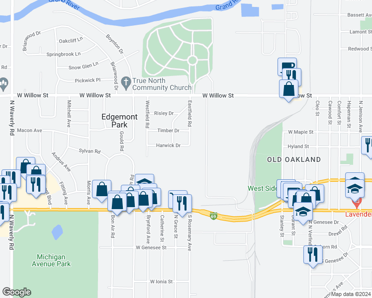 map of restaurants, bars, coffee shops, grocery stores, and more near 2805 Harwick Drive in Lansing