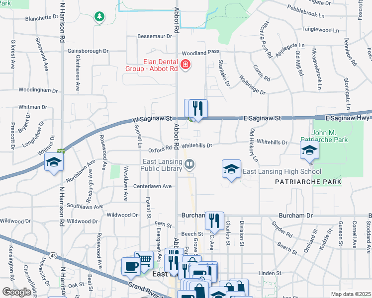 map of restaurants, bars, coffee shops, grocery stores, and more near 121 Whitehills Drive in East Lansing