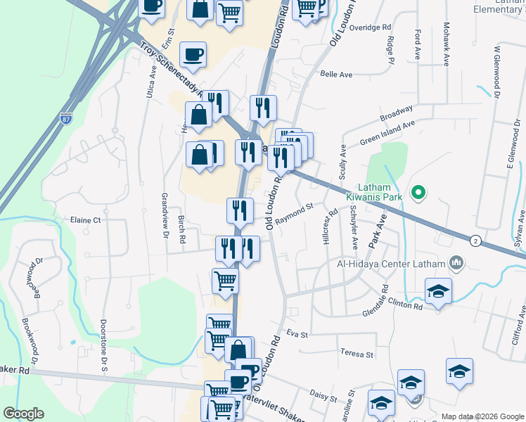 map of restaurants, bars, coffee shops, grocery stores, and more near 775 New Loudon Road in Latham