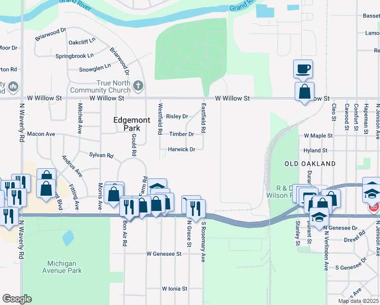 map of restaurants, bars, coffee shops, grocery stores, and more near 2827 Harwick Drive in Lansing