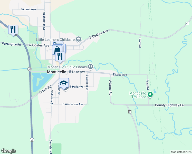 map of restaurants, bars, coffee shops, grocery stores, and more near 503 East Lake Avenue in Monticello