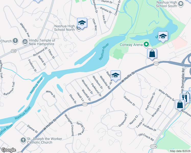 map of restaurants, bars, coffee shops, grocery stores, and more near 19 Wellesley Road in Nashua