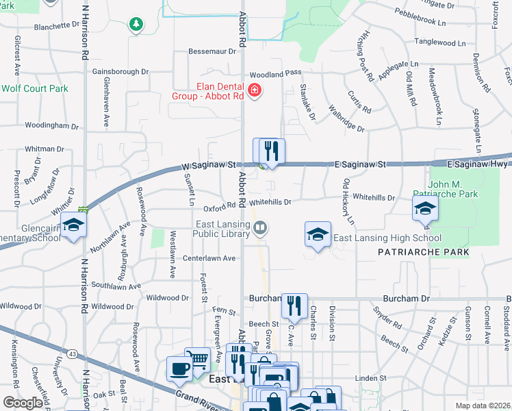 map of restaurants, bars, coffee shops, grocery stores, and more near 121 Whitehills Drive in East Lansing