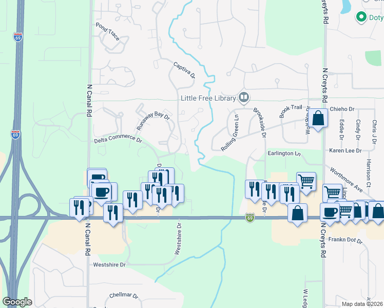 map of restaurants, bars, coffee shops, grocery stores, and more near 1154 Eastbury Drive in Lansing