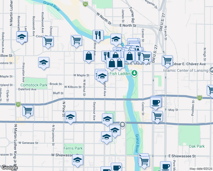 map of restaurants, bars, coffee shops, grocery stores, and more near in Lansing