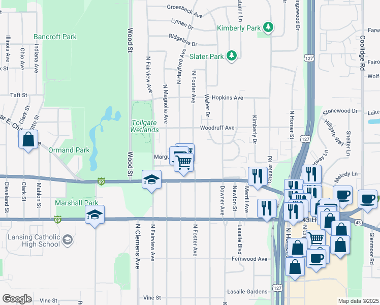 map of restaurants, bars, coffee shops, grocery stores, and more near 1022 North Foster Avenue in Lansing
