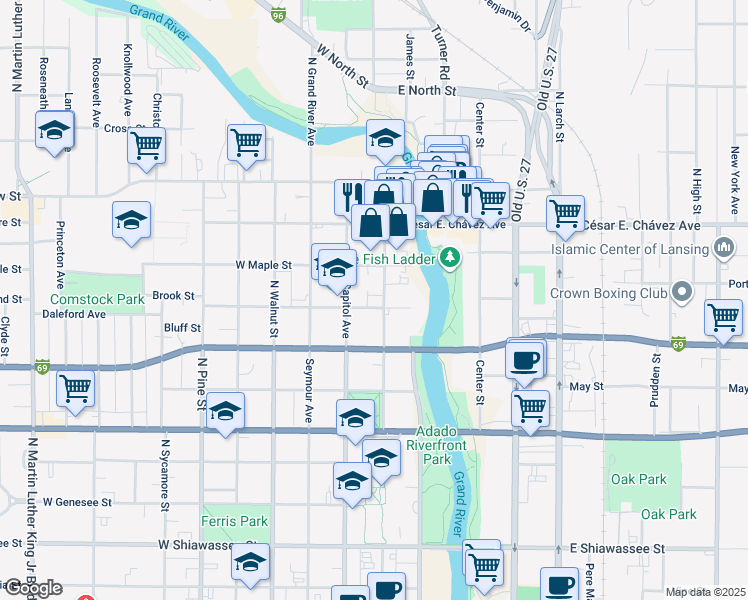 map of restaurants, bars, coffee shops, grocery stores, and more near 1016 North Washington Avenue in Lansing