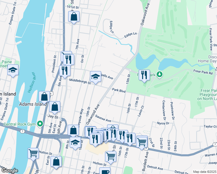 map of restaurants, bars, coffee shops, grocery stores, and more near 122 New York 40 in Troy