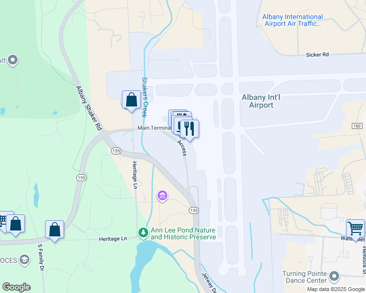 map of restaurants, bars, coffee shops, grocery stores, and more near 737 Albany Shaker Road in Latham