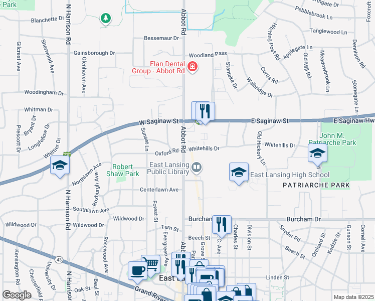 map of restaurants, bars, coffee shops, grocery stores, and more near 121 Whitehills Drive in East Lansing