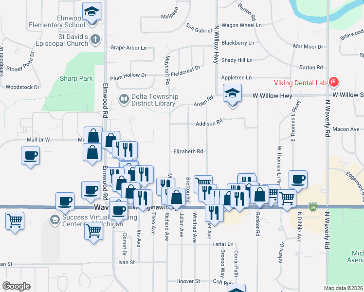 map of restaurants, bars, coffee shops, grocery stores, and more near 1020 Bretton Road in Lansing