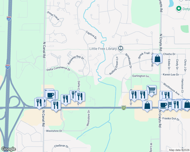 map of restaurants, bars, coffee shops, grocery stores, and more near 1154 Eastbury Drive in Lansing