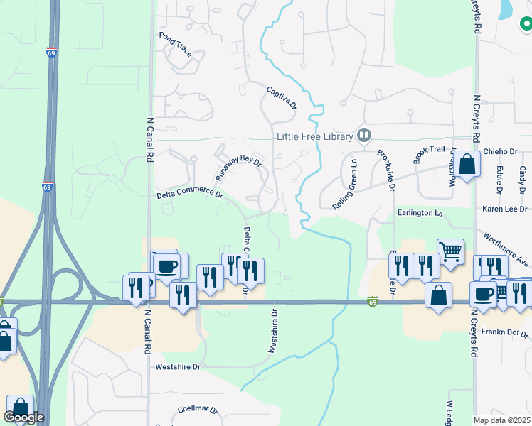 map of restaurants, bars, coffee shops, grocery stores, and more near 1032 Runaway Bay Drive in Lansing