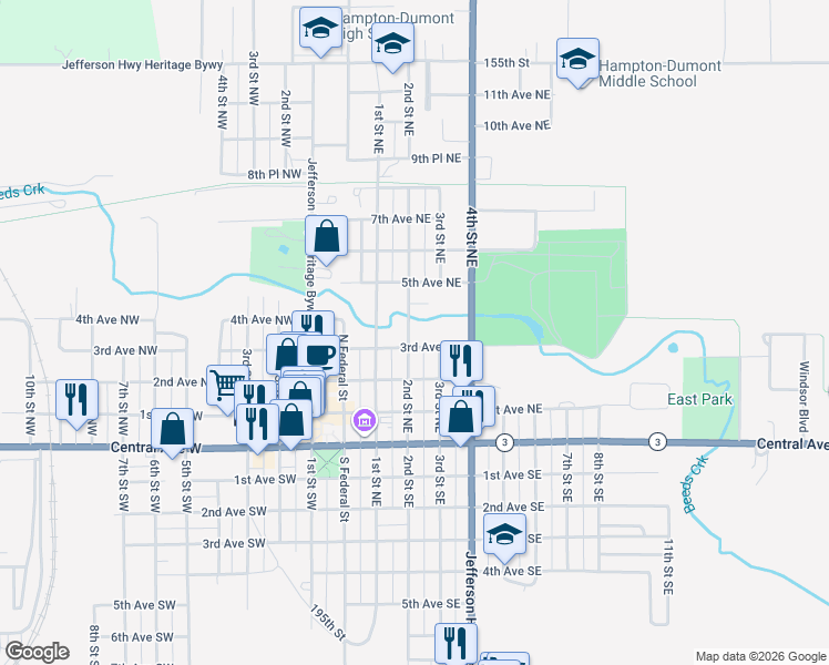 map of restaurants, bars, coffee shops, grocery stores, and more near 215 4th Street Northeast in Hampton