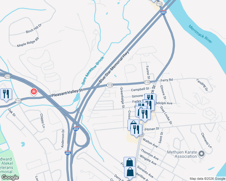 map of restaurants, bars, coffee shops, grocery stores, and more near 89 Pilgrim Circle in Methuen