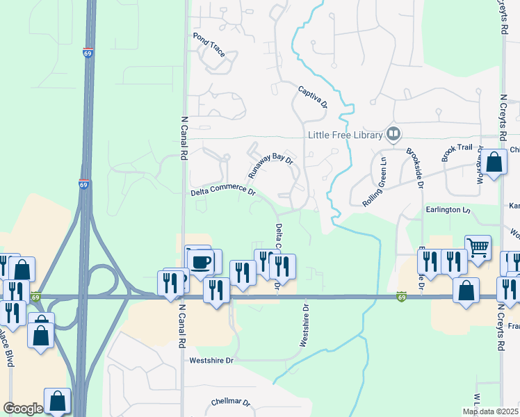 map of restaurants, bars, coffee shops, grocery stores, and more near 7323 Delta Commerce Drive in Lansing