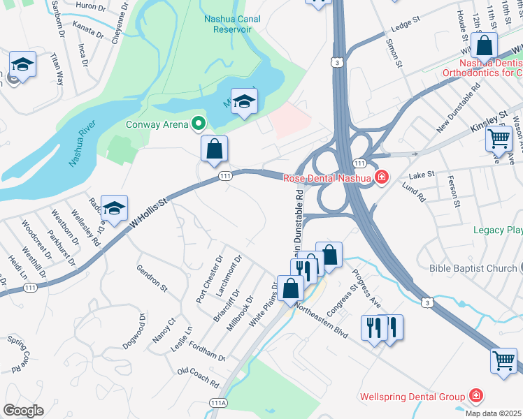 map of restaurants, bars, coffee shops, grocery stores, and more near 19 Hollow Ridge Drive in Nashua