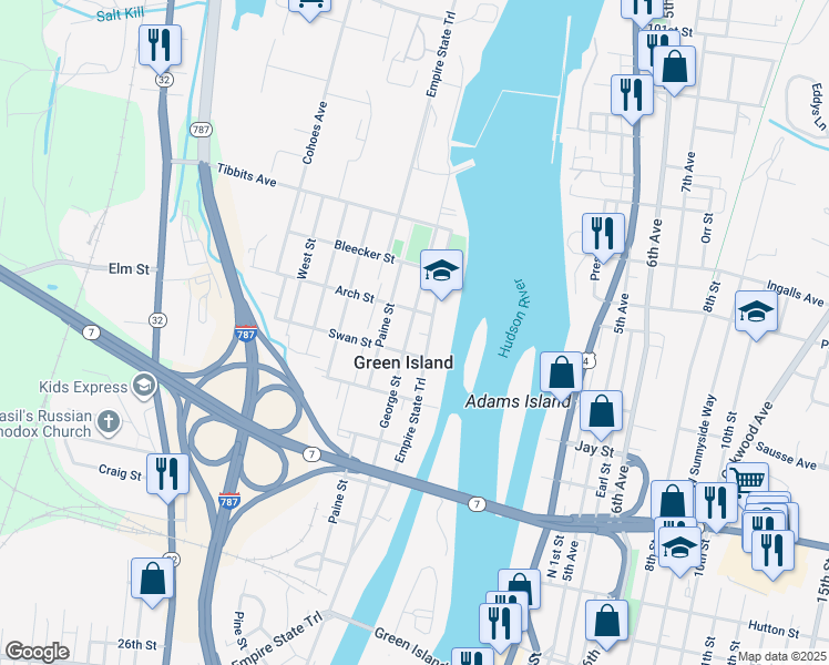 map of restaurants, bars, coffee shops, grocery stores, and more near 156 Hudson Avenue in Troy