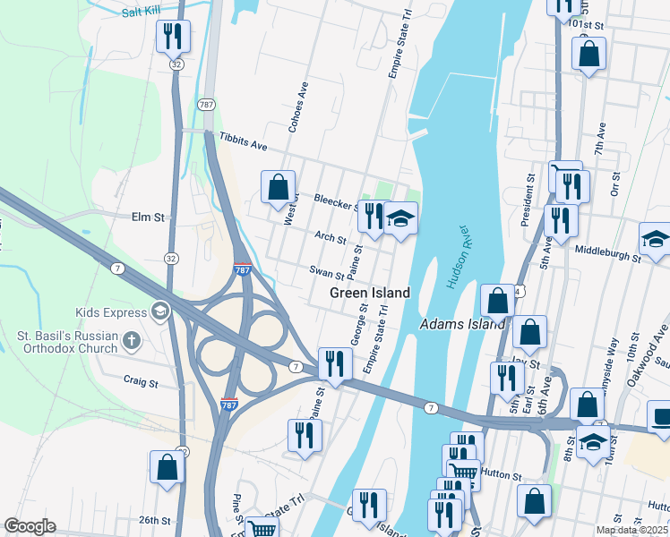 map of restaurants, bars, coffee shops, grocery stores, and more near 40 James Street in Green Island