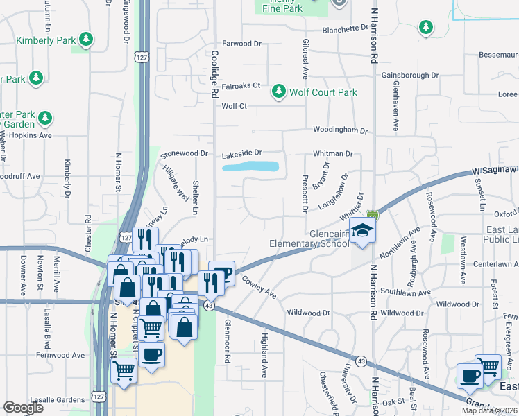 map of restaurants, bars, coffee shops, grocery stores, and more near 1333 Chartwell Carriage Way North in East Lansing