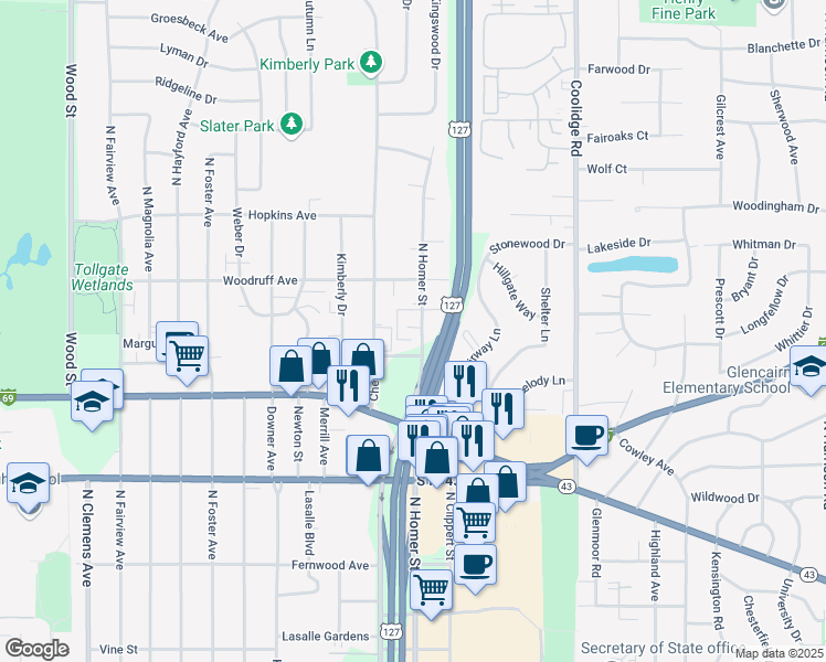 map of restaurants, bars, coffee shops, grocery stores, and more near 2956 Kenwick Circle in Lansing