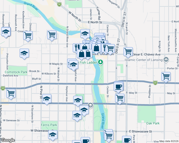 map of restaurants, bars, coffee shops, grocery stores, and more near 1016 North Washington Avenue in Lansing
