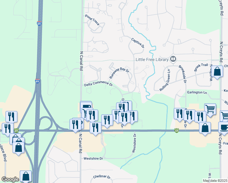 map of restaurants, bars, coffee shops, grocery stores, and more near 7323 Delta Commerce Drive in Lansing
