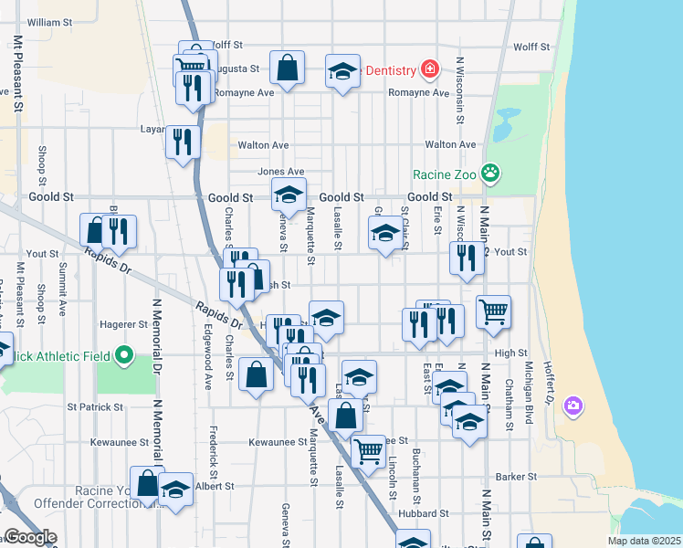 map of restaurants, bars, coffee shops, grocery stores, and more near 1928 Lasalle Street in Racine