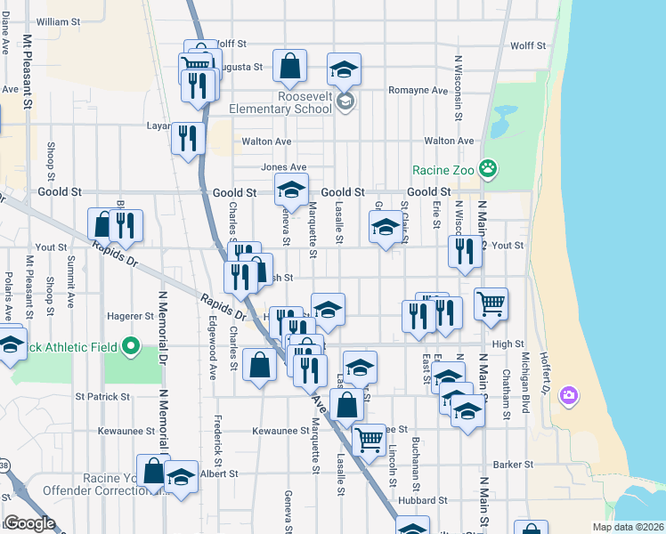 map of restaurants, bars, coffee shops, grocery stores, and more near 1928 Lasalle Street in Racine