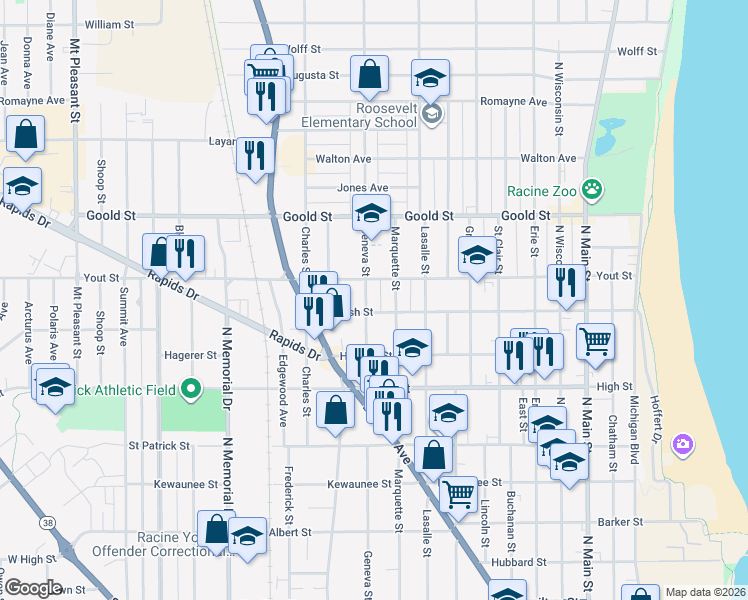 map of restaurants, bars, coffee shops, grocery stores, and more near 1105 Yout Street in Racine