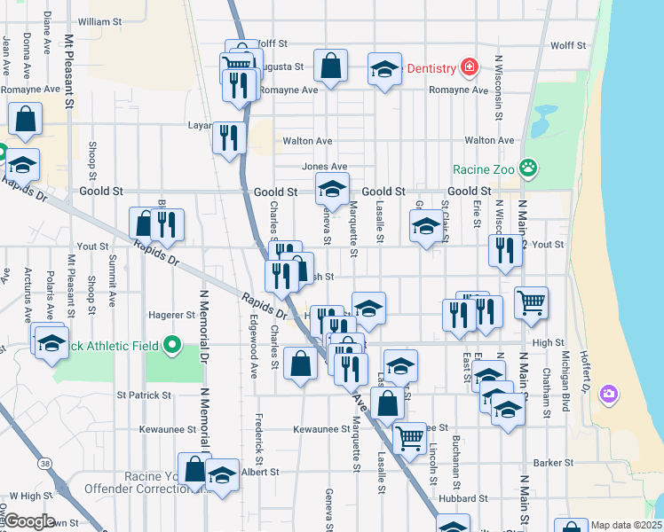 map of restaurants, bars, coffee shops, grocery stores, and more near 1105 Yout Street in Racine