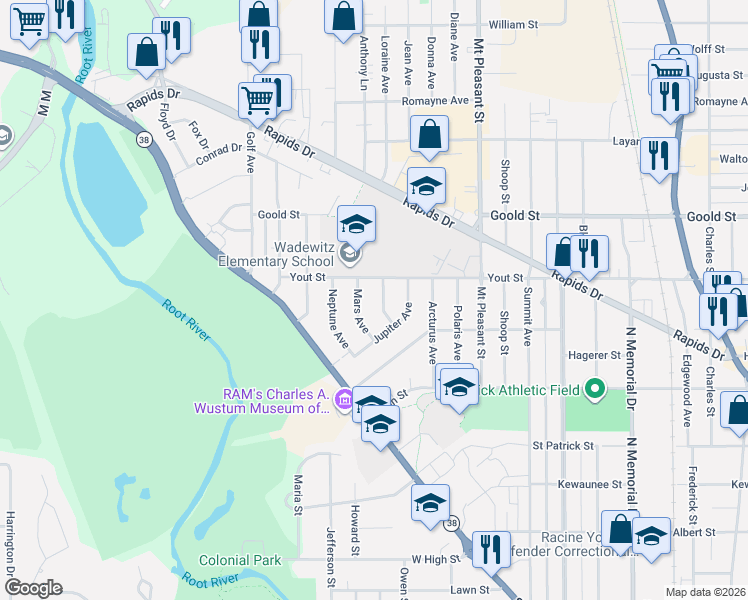 map of restaurants, bars, coffee shops, grocery stores, and more near 1944 Saturn Avenue in Racine