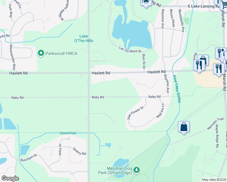 map of restaurants, bars, coffee shops, grocery stores, and more near 2042 Raby Road in Meridian Charter Township