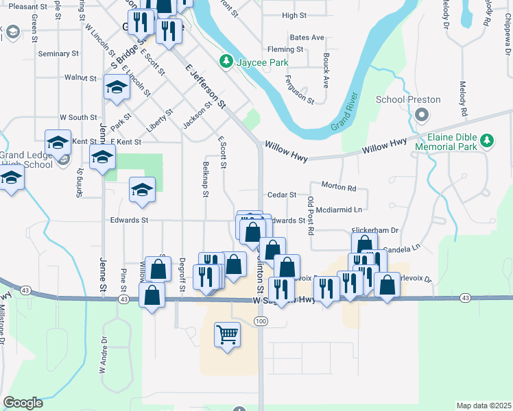 map of restaurants, bars, coffee shops, grocery stores, and more near 410 South Clinton Street in Grand Ledge