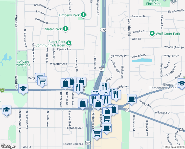 map of restaurants, bars, coffee shops, grocery stores, and more near 2956 Kenwick Circle in Lansing