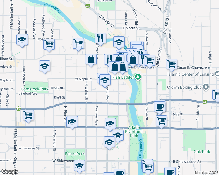 map of restaurants, bars, coffee shops, grocery stores, and more near in Lansing