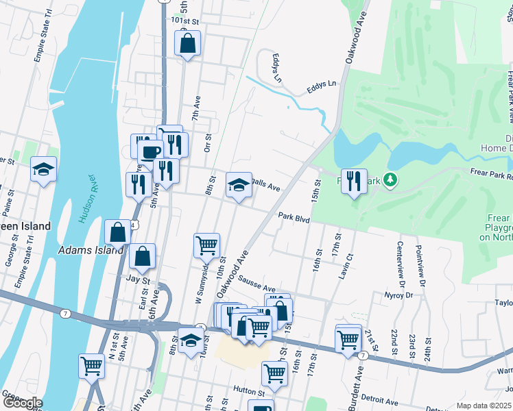 map of restaurants, bars, coffee shops, grocery stores, and more near 20 11th Street in Troy
