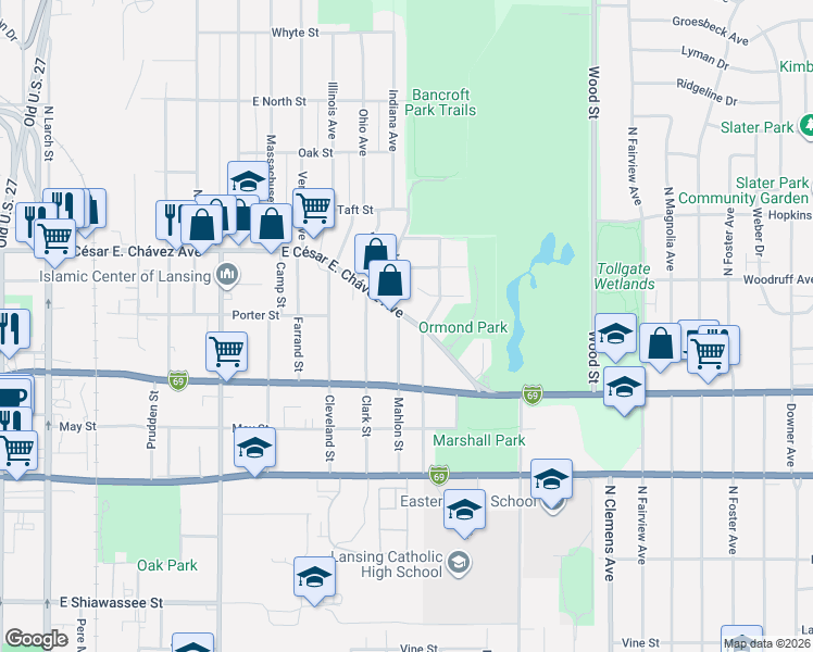 map of restaurants, bars, coffee shops, grocery stores, and more near 1422 East Grand River Road in Lansing
