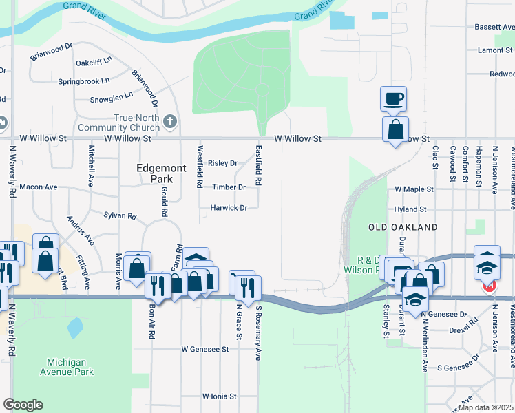 map of restaurants, bars, coffee shops, grocery stores, and more near 1007 Eastfield Road in Lansing