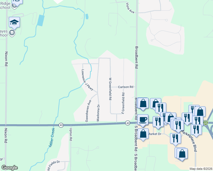 map of restaurants, bars, coffee shops, grocery stores, and more near 12323 West Greenfield Road in Lansing