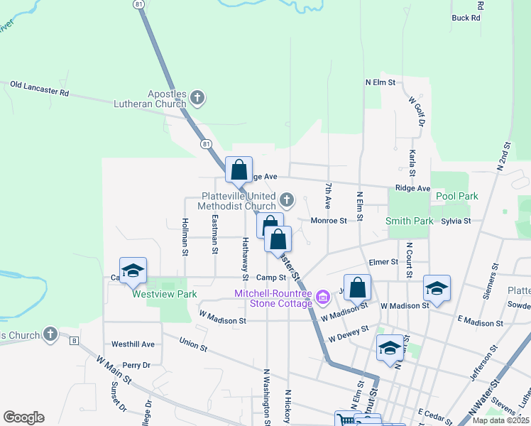 map of restaurants, bars, coffee shops, grocery stores, and more near 1255 Lancaster Street in Platteville