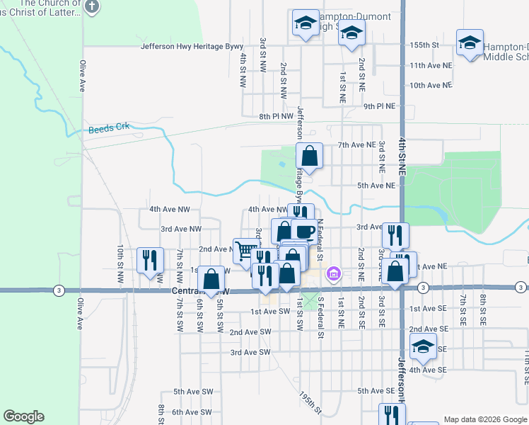 map of restaurants, bars, coffee shops, grocery stores, and more near 305 4th Ave NW in Hampton