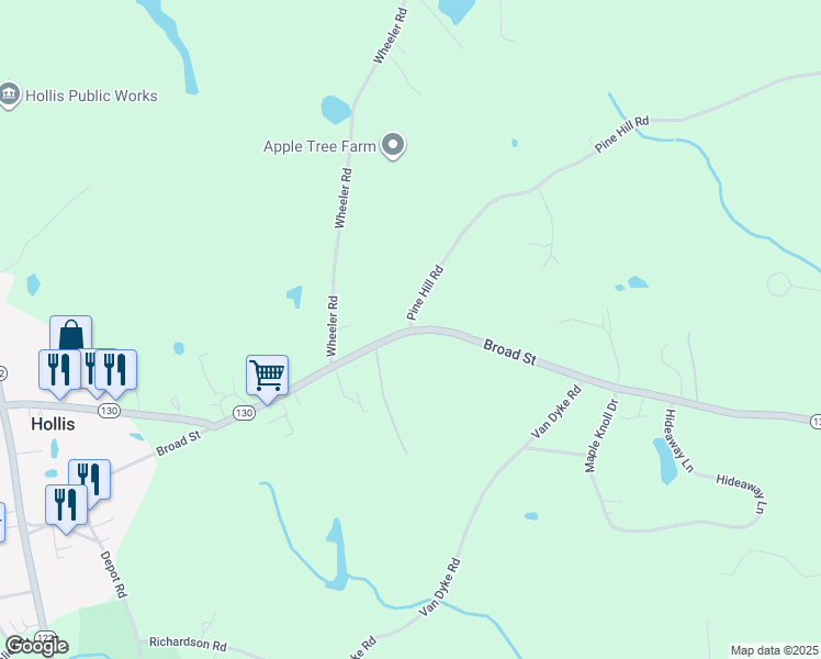 map of restaurants, bars, coffee shops, grocery stores, and more near 2 Pine Hill Road in Hollis