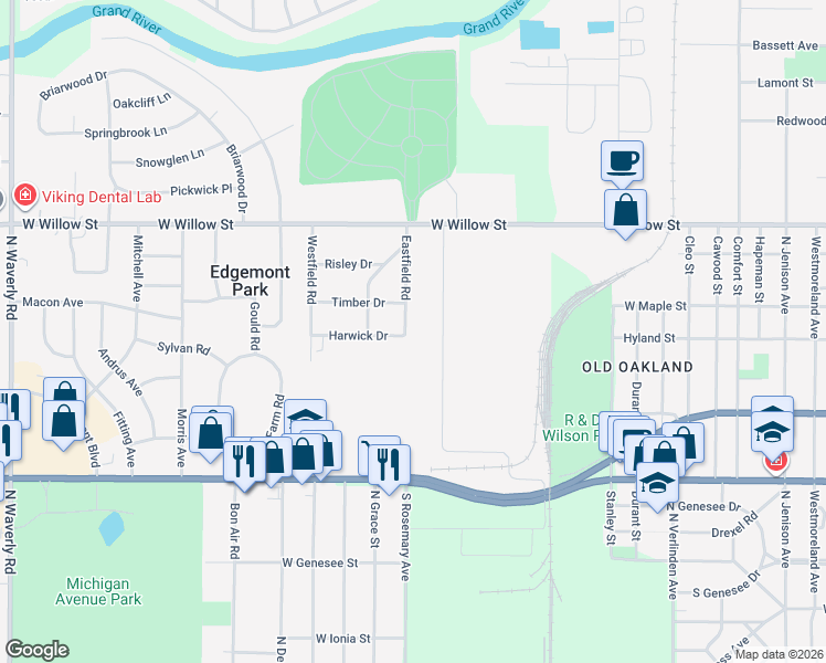 map of restaurants, bars, coffee shops, grocery stores, and more near 928 Eastfield Road in Lansing