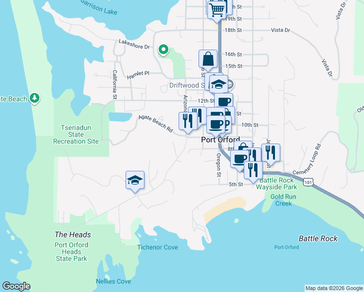 map of restaurants, bars, coffee shops, grocery stores, and more near 677 North 9th Street in Port Orford