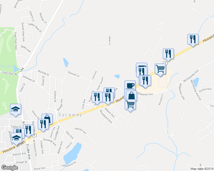 map of restaurants, bars, coffee shops, grocery stores, and more near 110 Hillside Avenue in Troy