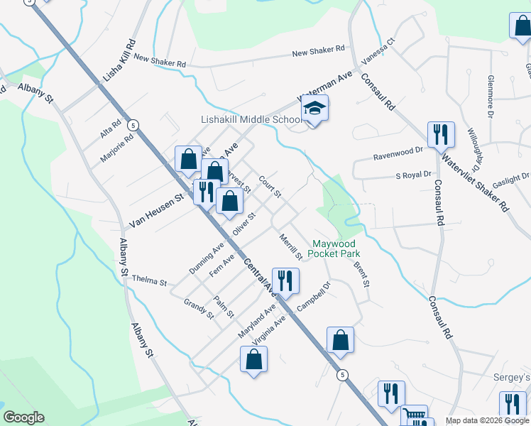 map of restaurants, bars, coffee shops, grocery stores, and more near 27 Oliver Street in Albany