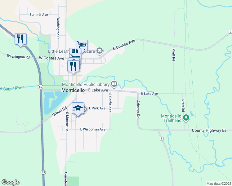 map of restaurants, bars, coffee shops, grocery stores, and more near 503 East Lake Avenue in Monticello