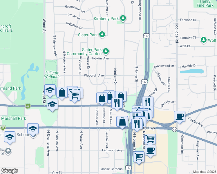 map of restaurants, bars, coffee shops, grocery stores, and more near 2730 Senate Drive in Lansing